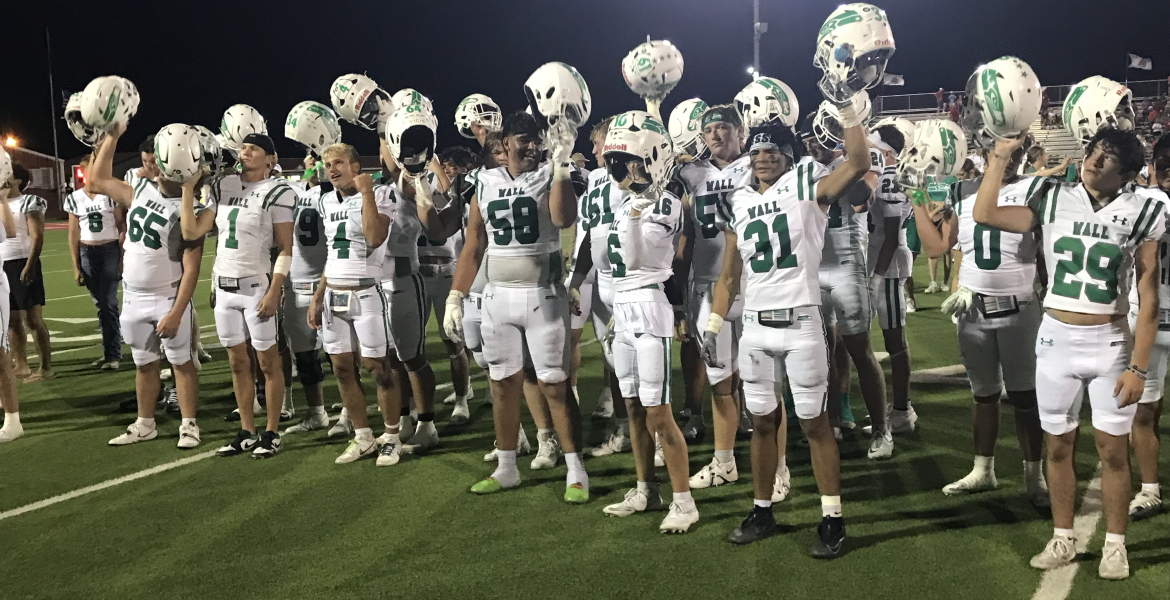 The Wall football team celebrates its 49-13 win over Jim Ned on Friday, Sept. 11, 2026, in Tuscola.