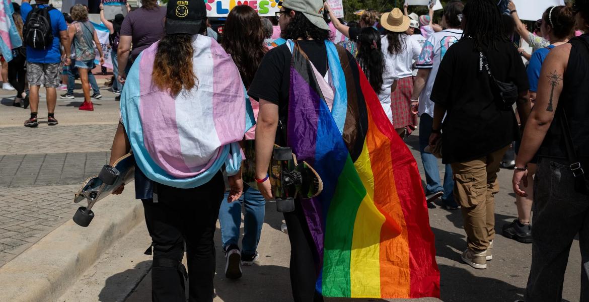 Activists and supporters march from the Bexar County Courthouse to Crockett Park for “March for Us,” San Antonio's third annual celebration of Transgender Day of Visibility, on March 29, 2025 in San Antonio.