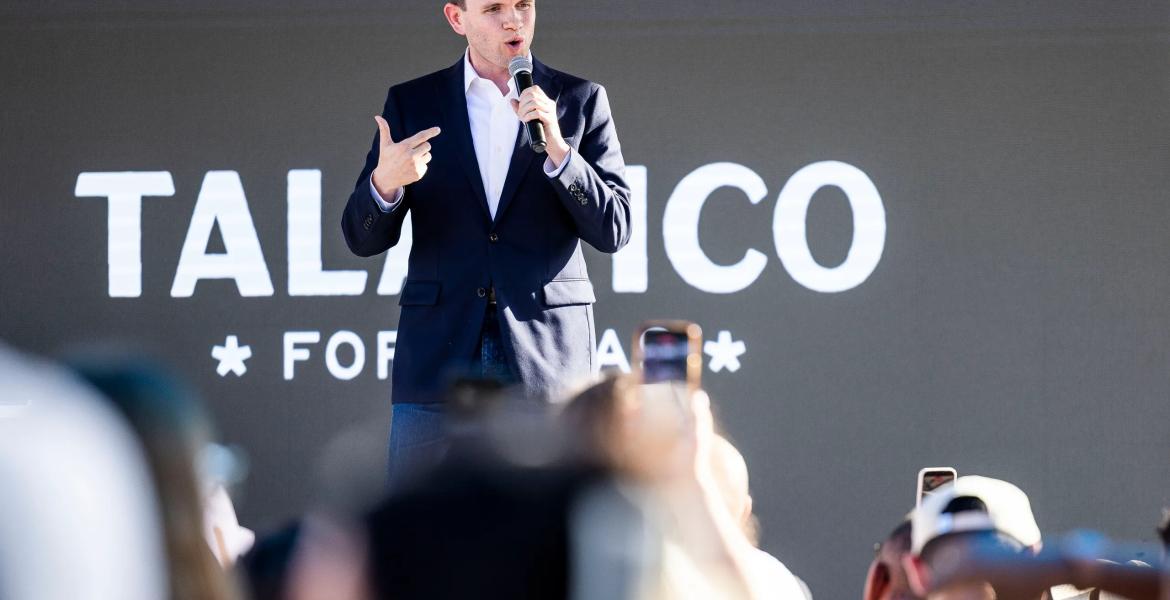 State Rep. James Talarico, the Democratic nominee for U.S. Senate, campaigns at Celis Brewery in Austin on Aug. 20, 2026, as part of his "New American Dream" tour to promote his economic agenda.