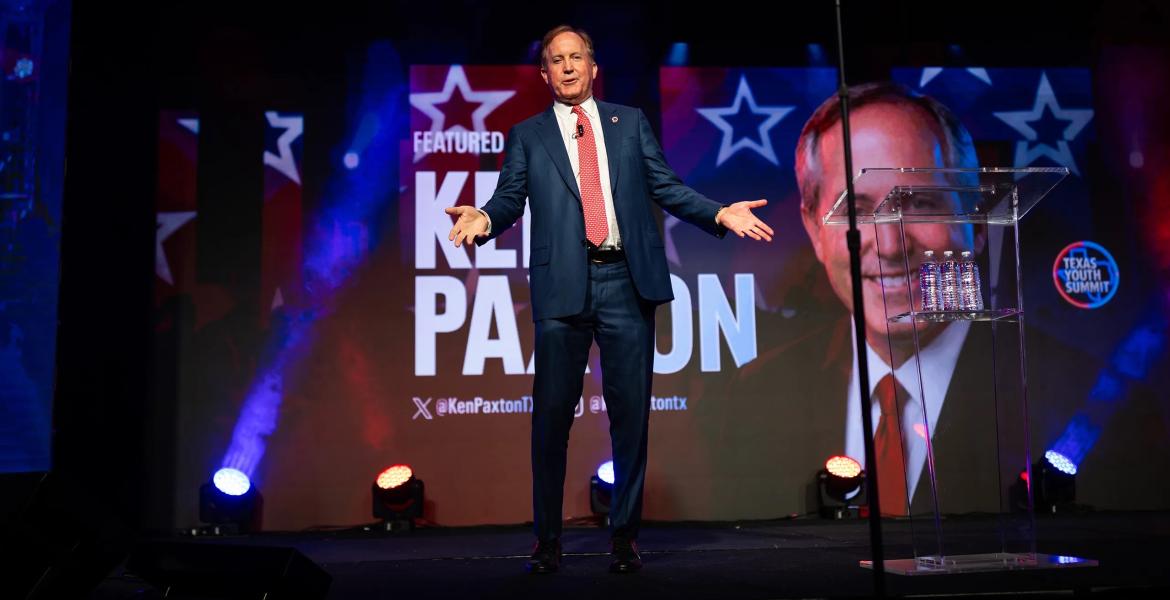 Attorney General Ken Paxton, the Republican nominee for U.S. Senate, enters the stage at the Texas Youth Summit in The Woodlands on Oct. 9, 2026. Antranik Tavitian for The Texas Tribune