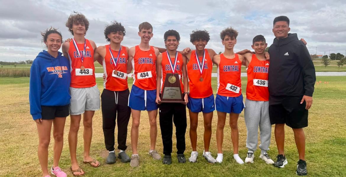 The Central boys cross country team defending its District 2-6A title Thursday, Oct. 15, in Lubbock.