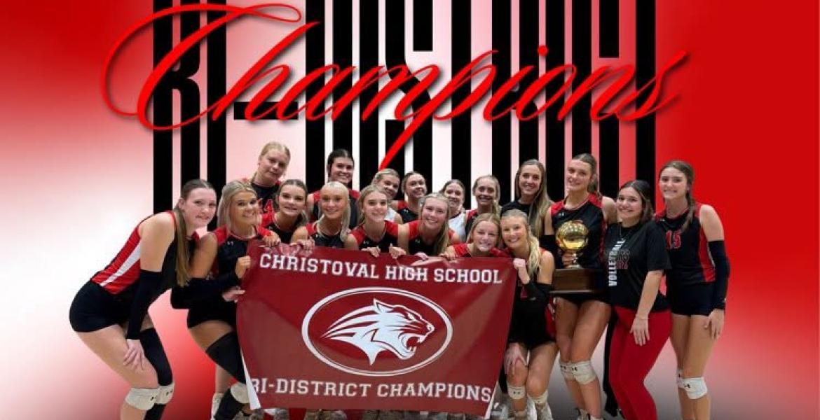 The Christoval volleyball team won its first-ever playoff trophy with a sweep of Roscoe on Thursday, Oct. 29, 2026.