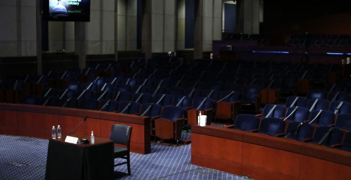 The witness table for a hearing by the House Judiciary Committee in the Congressional Auditorium at the U.S. Capitol Visitors Center July 28, 2020 in Washington, DC. (Photo by Chip Somodevilla / POOL / AFP via Getty Images)