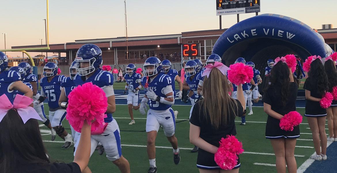 The Lake View Chiefs run onto the field before their game against Pflugerville Connolly during the 2026 football season.