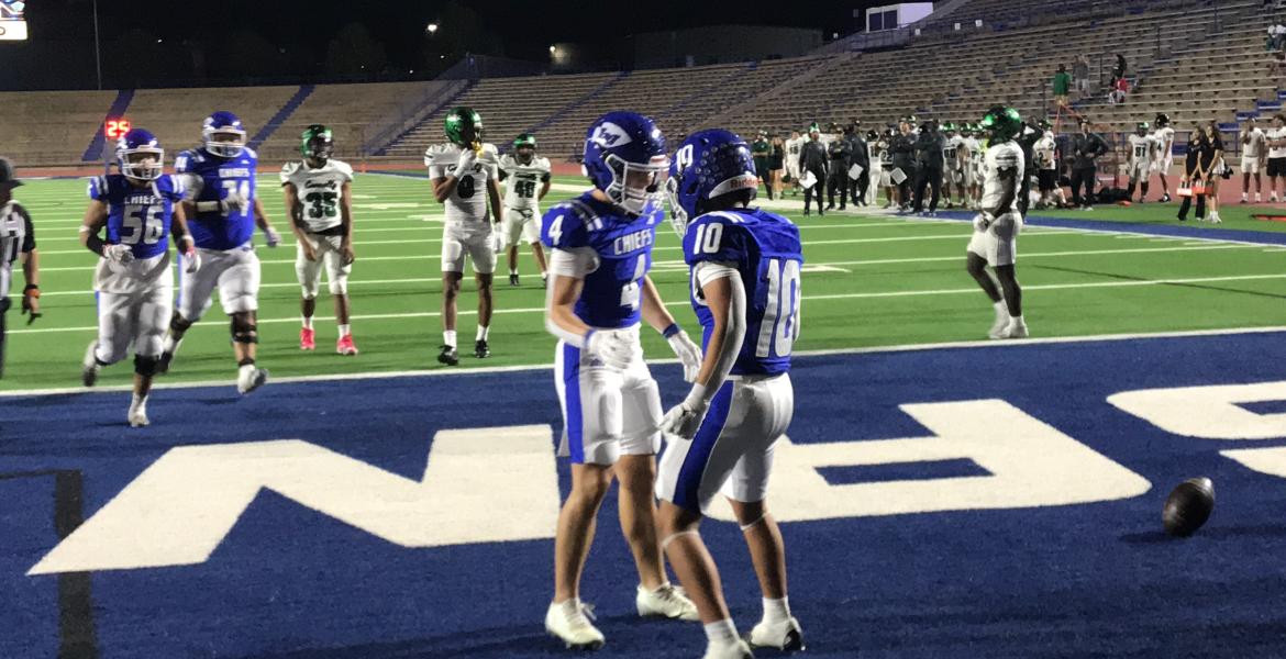Lake View's Aiden Rivera celebrates with Calvin Whitfield after a late touchdown against Pflugerville Connally.