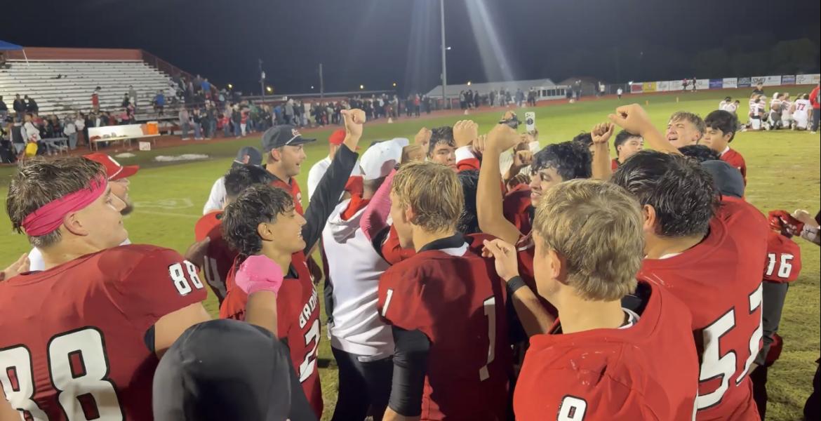 The Sonora football team celebrates its win over Ballinger on Friday, Oct. 30, 2026.