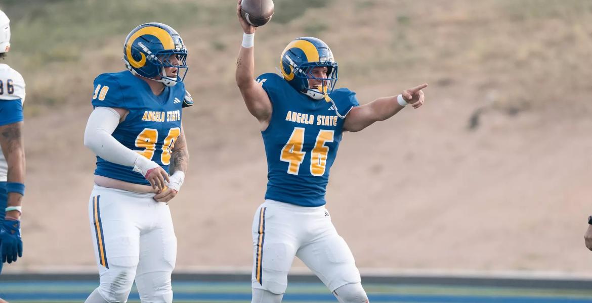 Angelo State's Zach Burton and Caleb Taylor celebrate during the 2026 season.