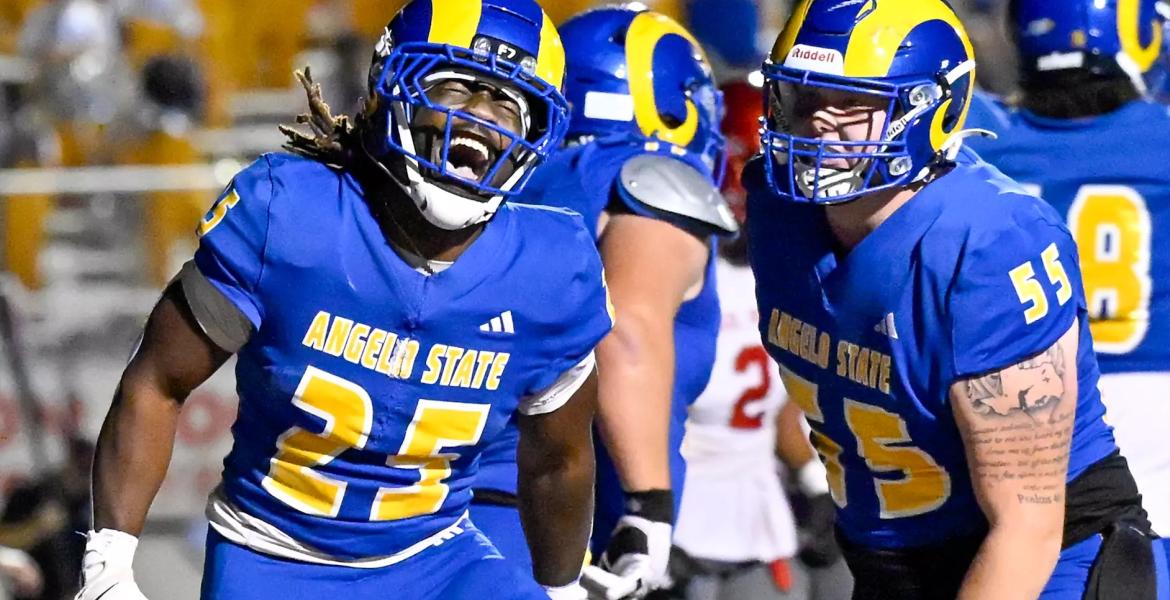 Angelo State's Jayden Jones (25) and Peyton Arthur (55) celebrate during a win over Sul Ross State on Saturday, Oct. 10, 2026.