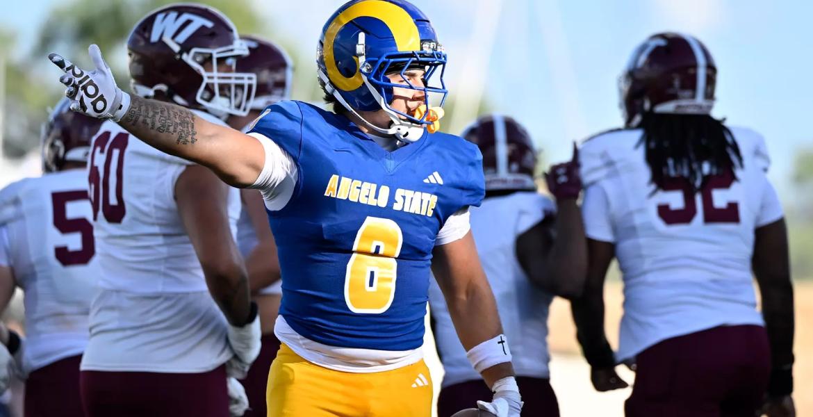 Angelo State's Thomas White reacts to a play during the 2026 football season.