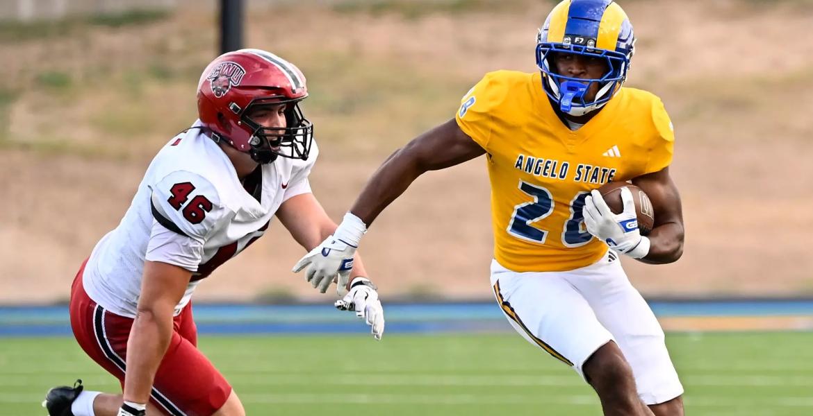 Angelo State's Ashton Dickens runs during the 2026 football season.