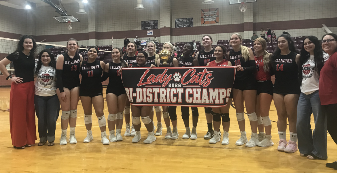The Ballinger volleyball team celebrates after a first-round playoff win over Colorado City on Thursday, Oct. 29, 2026.