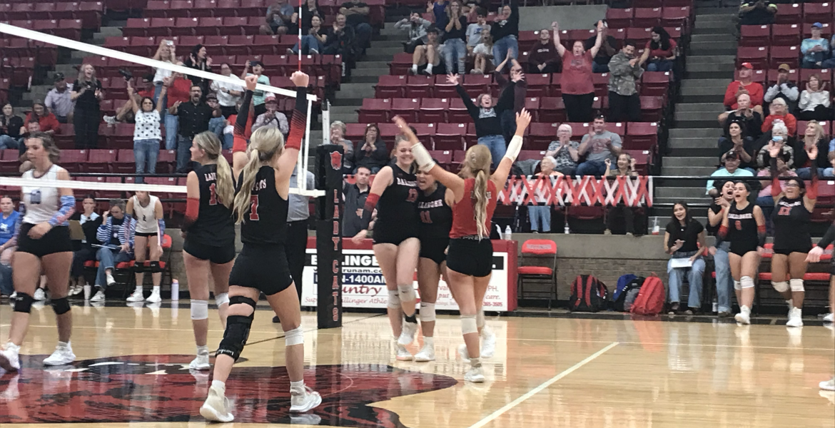 The Ballinger volleyball team celebrates a win over Coleman on Tuesday, Oct. 20, 2026.