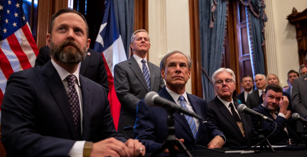 From left, House Speaker Dustin Burrows, Gov. Greg Abbott and Lt. Gov. Dan Patrick hold a bill signing ceremony at the Texas Capitol on April 23, 2025 to create a Texas Department of Government Efficiency. From left, House Speaker Dustin Burrows, Gov. Greg Abbott and Lt. Gov. Dan Patrick hold a bill signing ceremony at the Texas Capitol on April 23, 2025 to create a Texas Department of Government Efficiency.